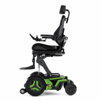 The Corpus F3 chair with bright green accents is shown from the side. It is elevated using optional ActiveHeight. It has black rehab seating and a black headrest. thumbnail