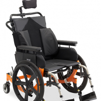 Broda Encore Pedal Wheelchair in orange with optional large wheels for self propelling. thumbnail