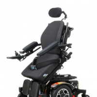 The ROVI A3 power wheelchair with multi-coloured trim is shown in the forward reaching position which assists in reaching objects and surfaces that were previously difficult to reach. thumbnail