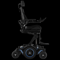 The Permobil Corpus M5 power chair with blue accents and black rehab seating is shown in an elevated position with the ActiveReach option. thumbnail