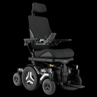 The Permobil M5 Corpus power chair, shown at an angle with black rehab seating and white accents. thumbnail