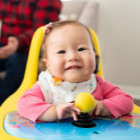 A baby sits in their Explorer Mini, facing the camera and smiling. They are wearing a pink shirt with a white bib on top. A golden retriever and a person in a red plaid shirt are visible in the background. thumbnail