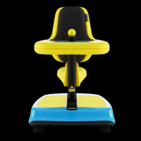The Permobil Explorer Mini, a pediatric power mobility device, is shown from the front. It's bright yellow and turquoise with fish sticker decorations. thumbnail
