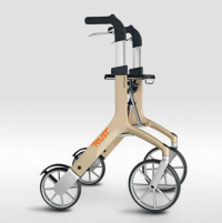 The Let's Fly Outdoor Rollator is shown in beige from the side. This walker is basketless (although it does come with one) thumbnail