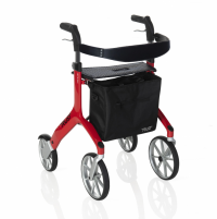 The Let's Fly Outdoor Rollator is shown at an angle, in a red colour. It has a black fabric basket attached to the front. thumbnail