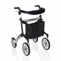 Let's Go Out Outdoor Rollator in black and silver, shown at a slight angle against a white background. It has a black fabric basket at the front. thumbnail