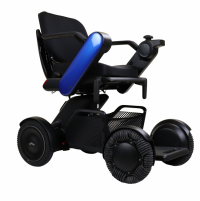 The WHILL C2 power chair is shown at an angle, with a blue accent colour on the armrest thumbnail