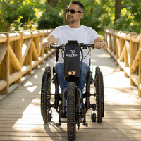 A man using a Batec Scrambler handbike rides across a wooden bridge thumbnail