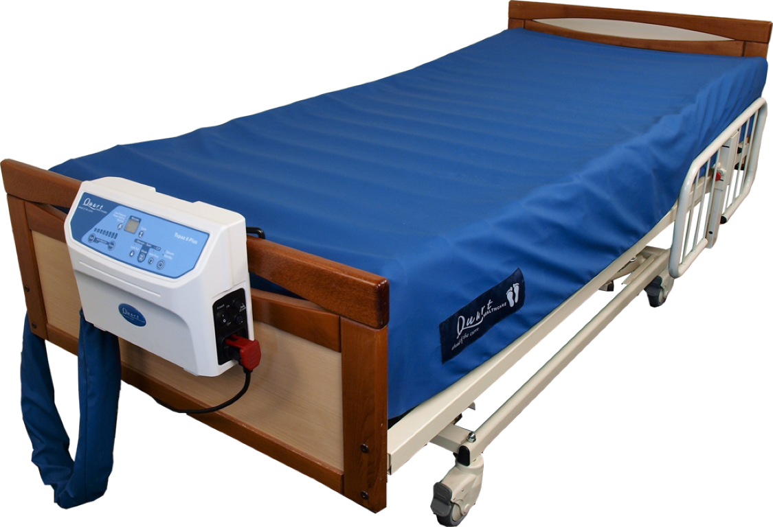 Topaz 8 Plus Low Air Loss Mattress is shown on a hospital bed, attached to its air pump.