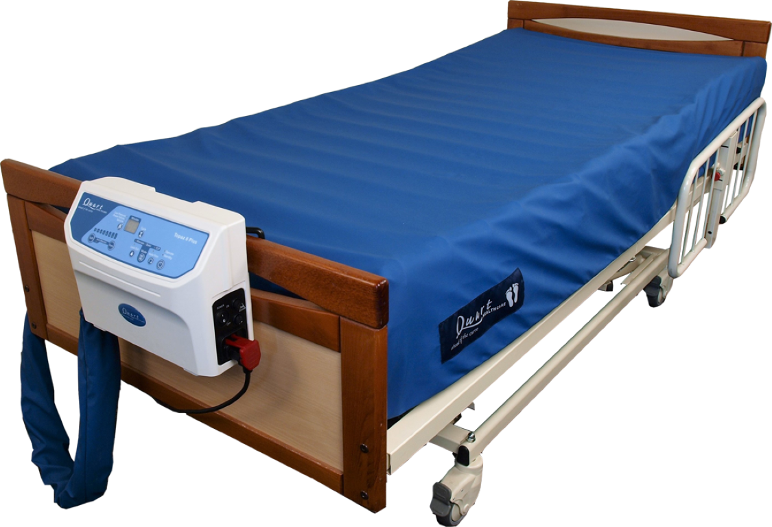 Topaz 8 Plus Mattress Topaz 8 Plus Low Air Loss Mattress is shown on a hospital bed, attached to its air pump.
