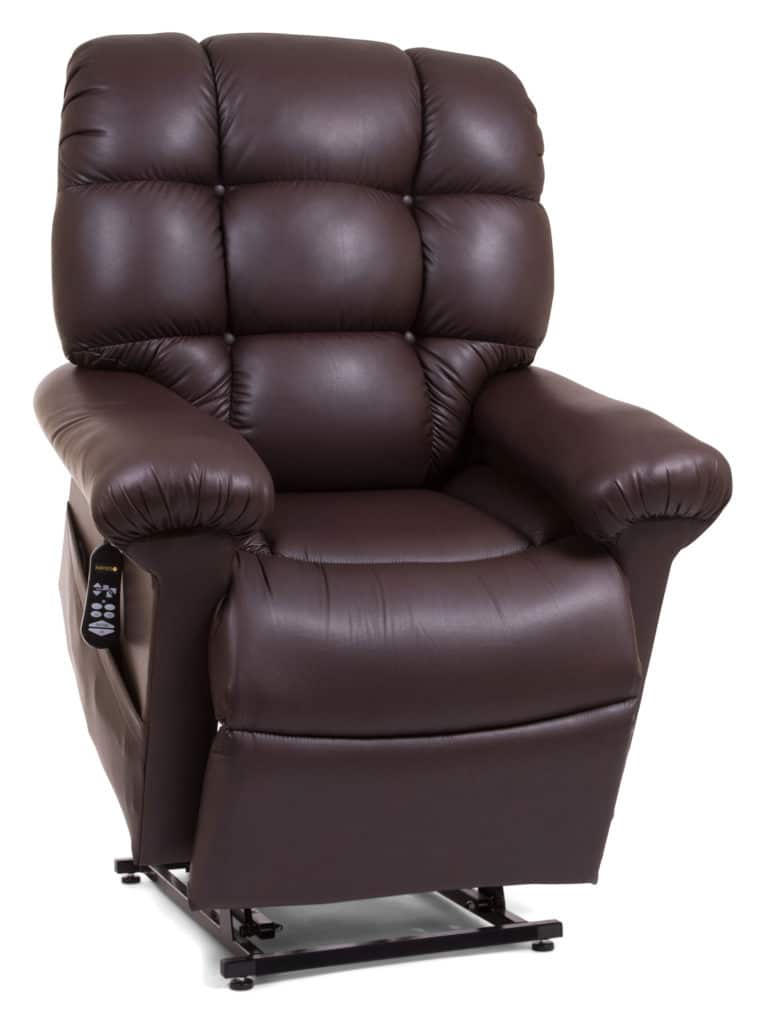 Twilight Cloud lift chair in Brisa fabric coffee bean colour, slightly raised.