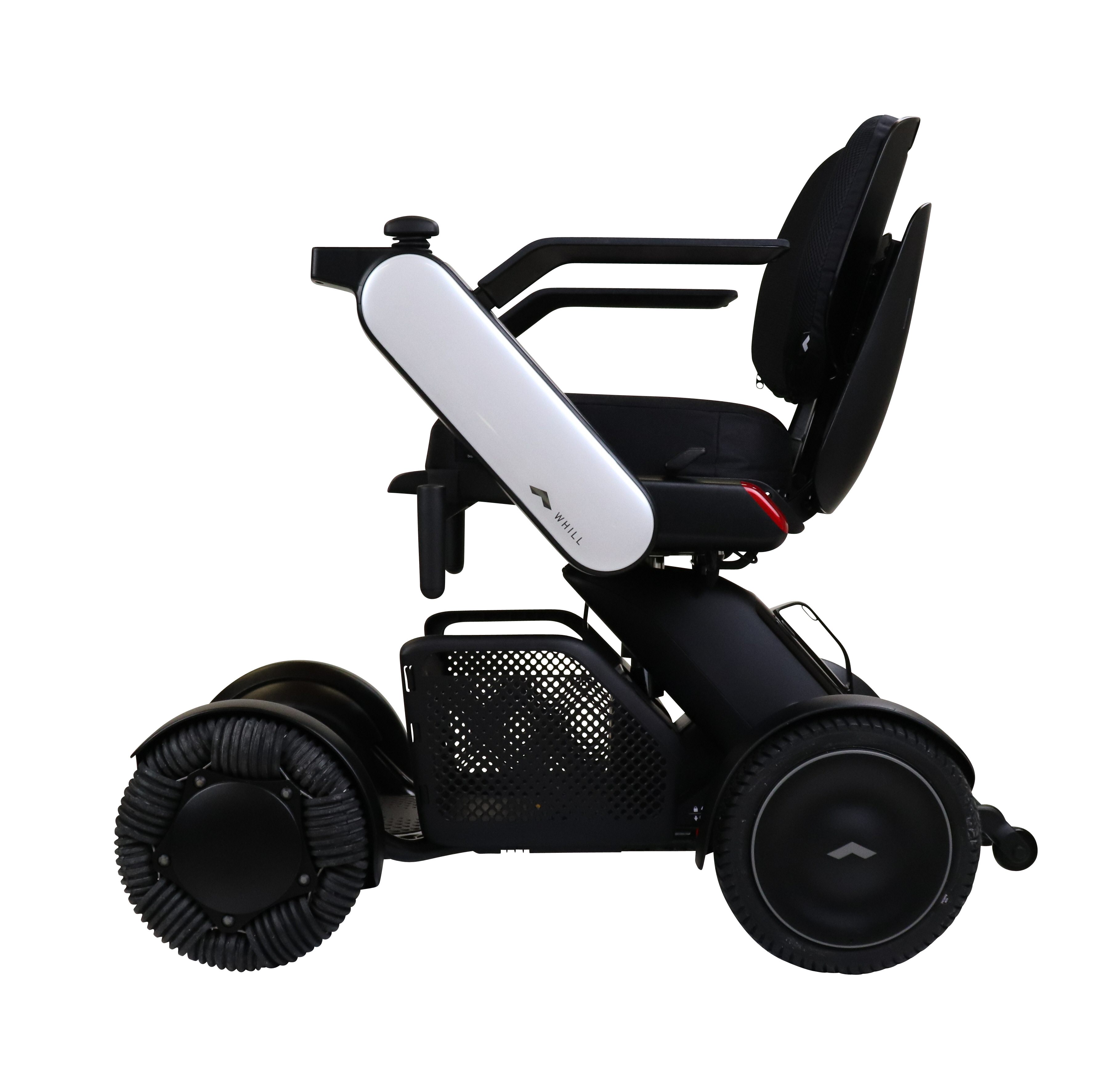 The WHILL C2 is shown with white accents from the side